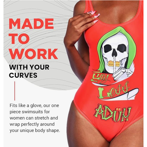 ADÜH Clothing - Say Less One Piece Swimsuit, Graphic Skull One Piece, Scoop Neck - Picture 1 of 4